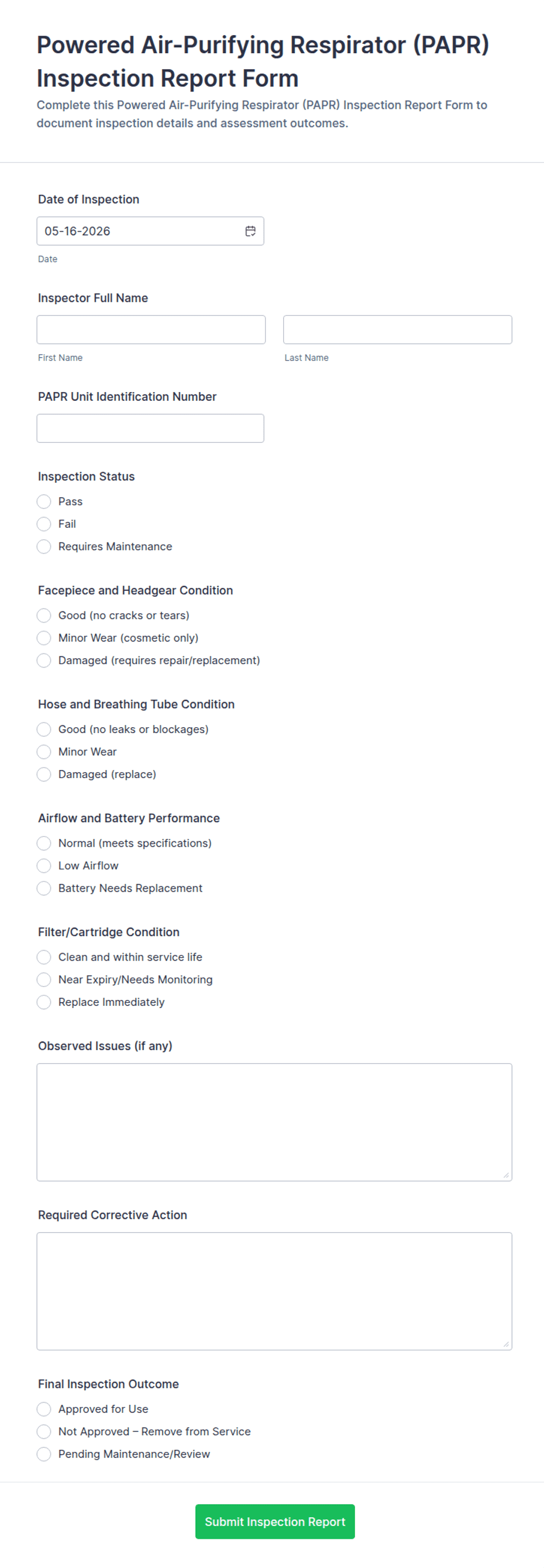 Powered Air-Purifying Respirator Inspection Report Form Template | Jotform
