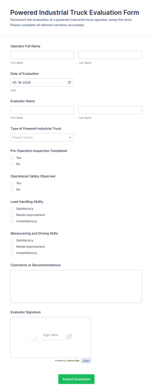 Powered Industrial Truck Evaluation Form Template