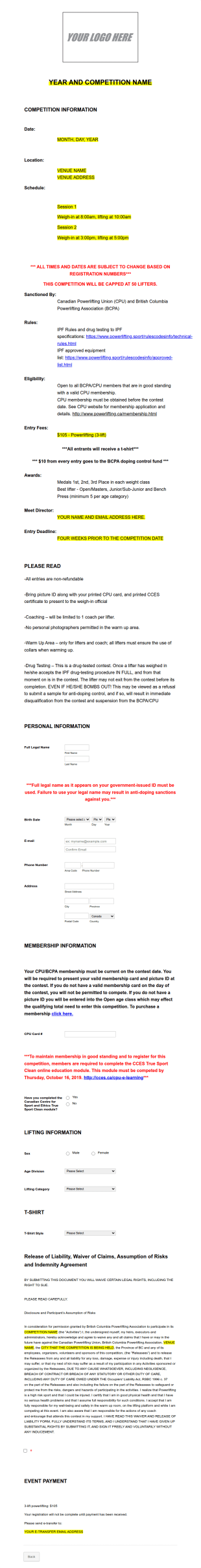 Powerlifting Championships Application Form Template