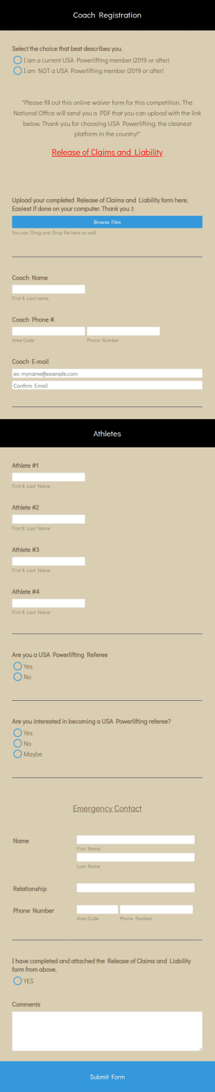 Powerlifting Coach Registration Form Template