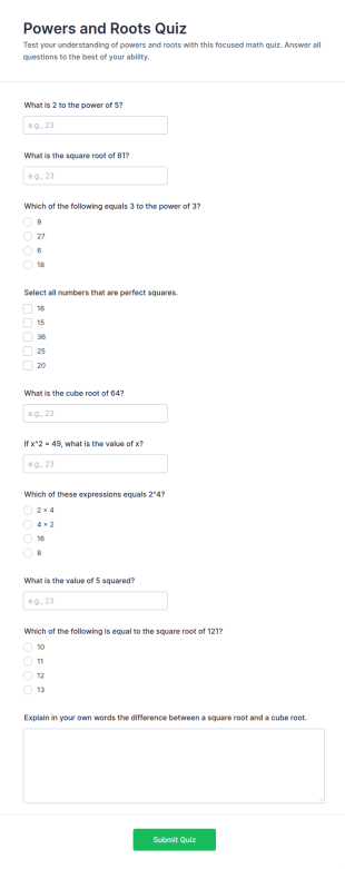 Powers And Roots Quiz Form Template