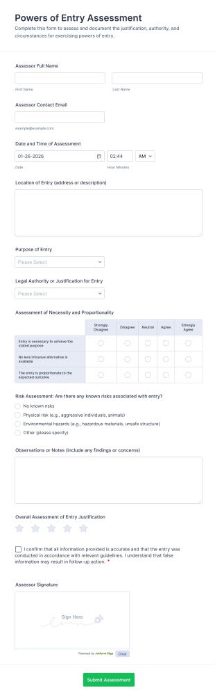 Powers Of Entry Assessment Form Template