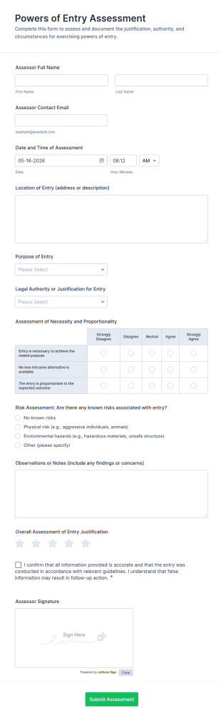 Powers Of Entry Assessment Form Template