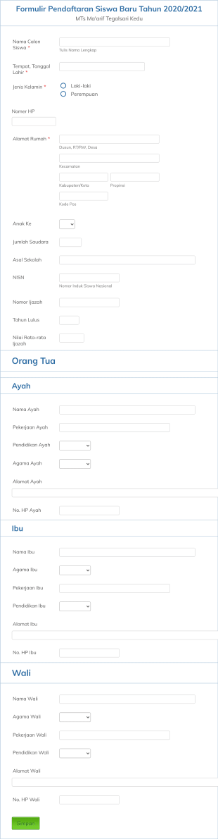 PPDB Online MTs Ma'arif Tegalsari Tahun 2020/2021 Form Template