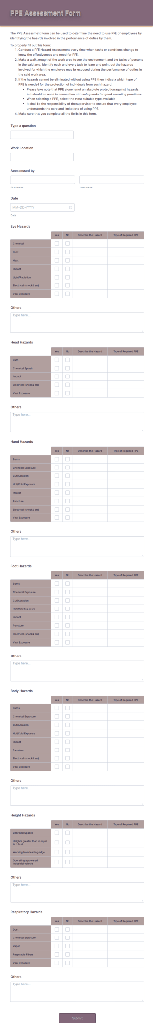 PPE Assessment Form Template