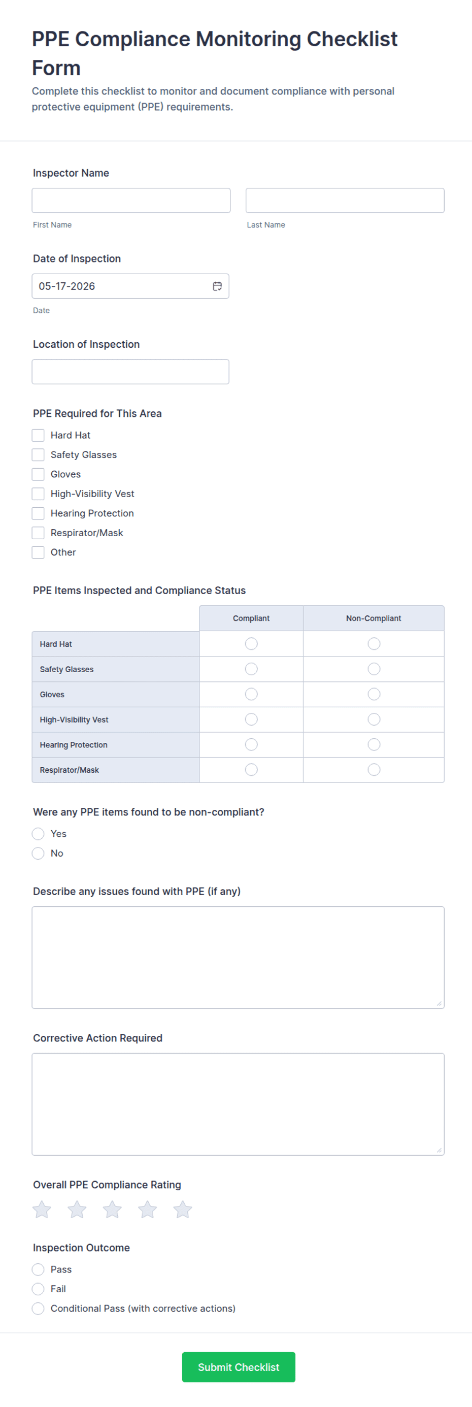 PPE Compliance Monitoring Checklist Form Template | Jotform