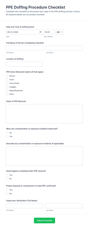 PPE Doffing Procedure Checklist Form Template