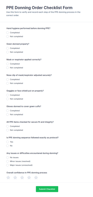 PPE Donning Order Checklist Form Template