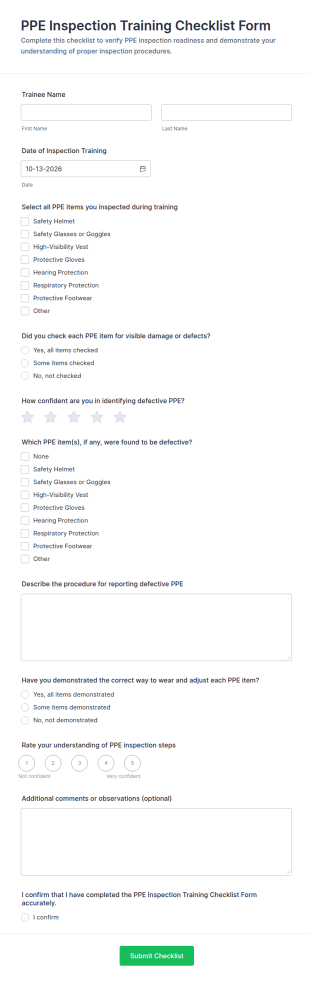 PPE Inspection Training Checklist Form Template