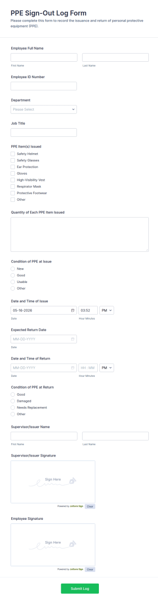 PPE Sign Out Log Form Template