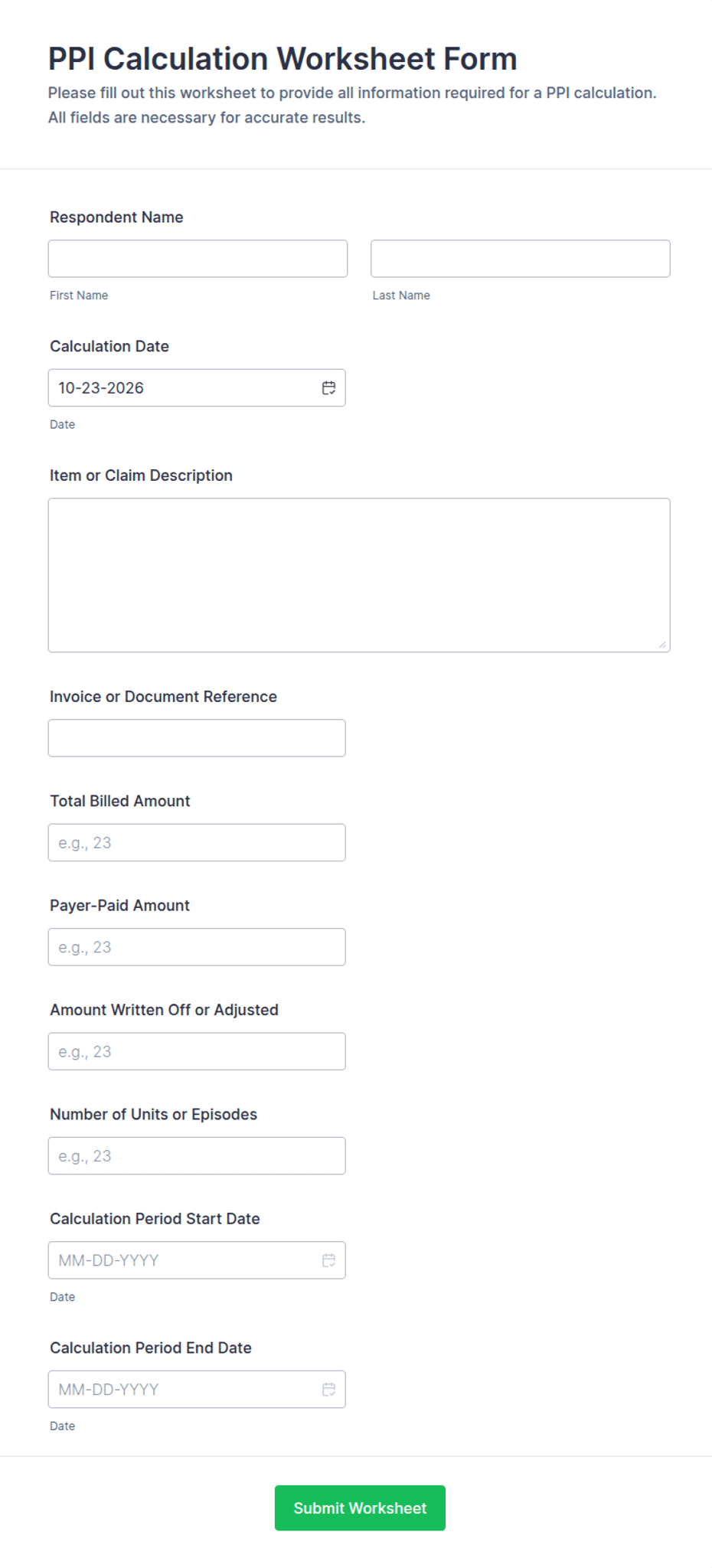 PPI Calculation Worksheet Form Template | Jotform