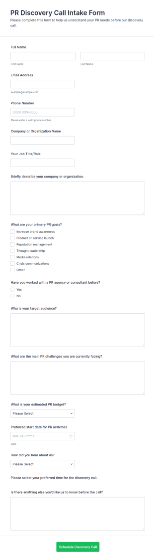 PR Discovery Call Intake Form Template
