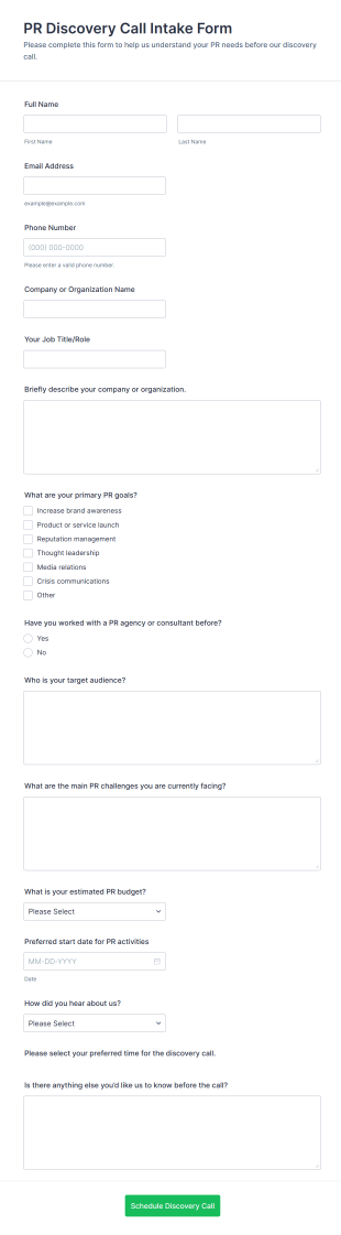 PR Discovery Call Intake Form Template