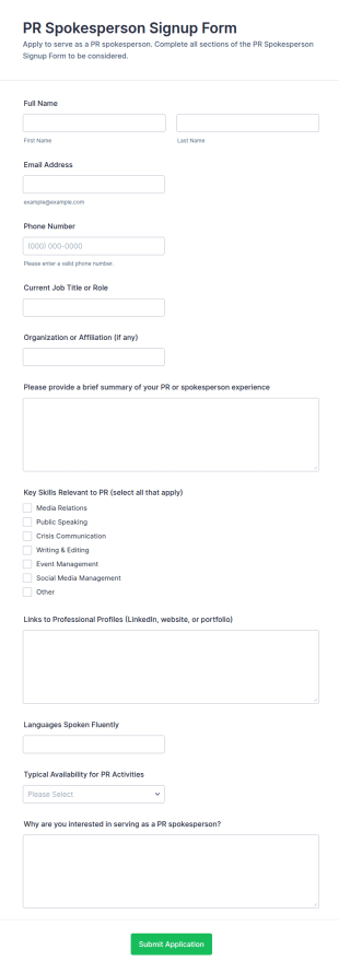 PR Spokesperson Signup Form Template
