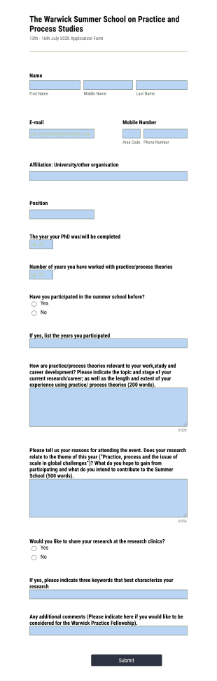 Practice And Process Studies Summer School Registration Form Template