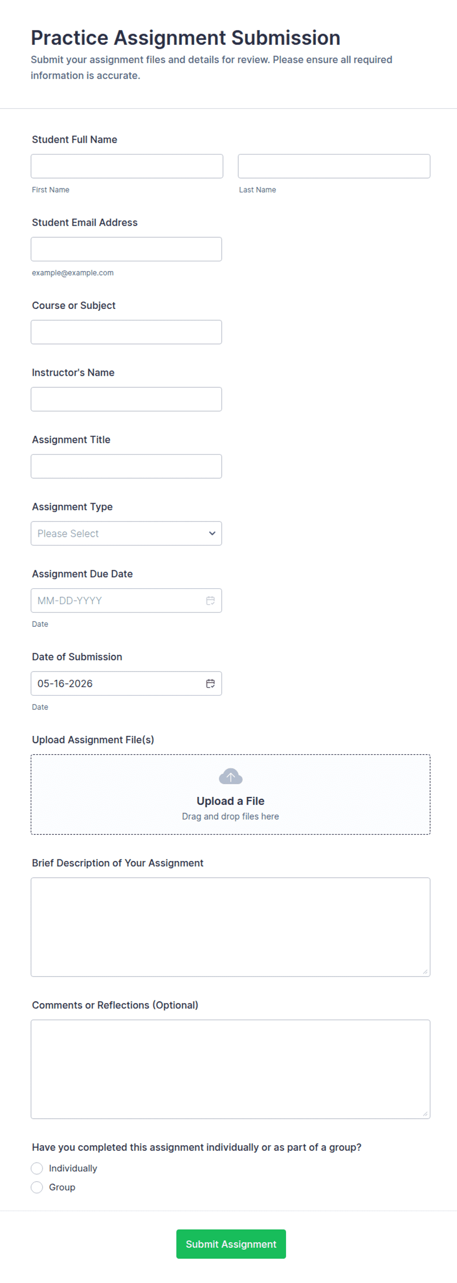 Assignment Contact Form Practice Assignment Submission Form Template | Jotform