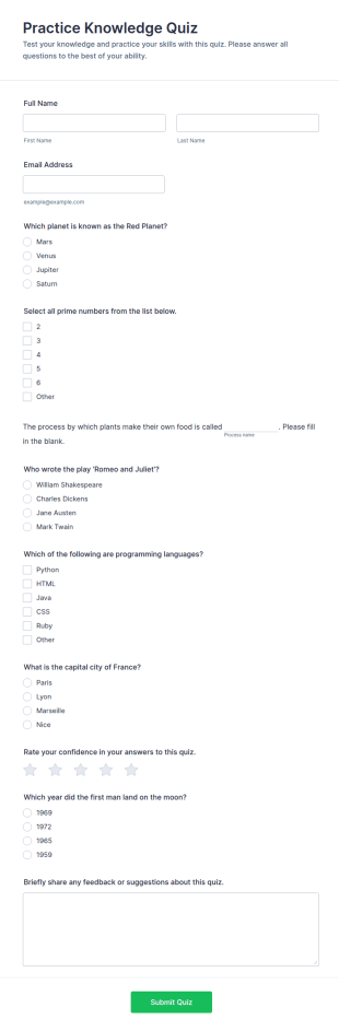 Practice Knowledge Quiz Form Template