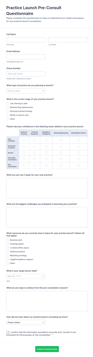 Practice Launch Pre Consult Questionnaire Form Template