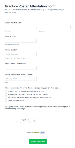 Practice Roster Attestation Form Template