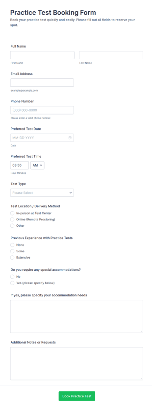 Practice Test Booking Form Template