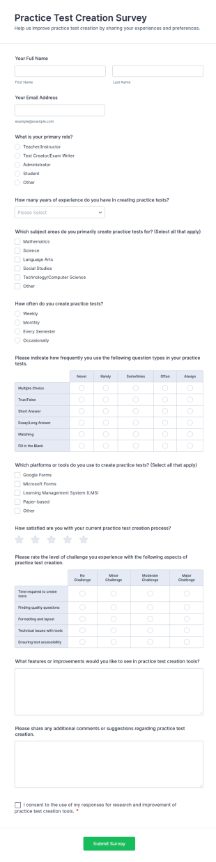 Practice Test Creation Survey Form Template