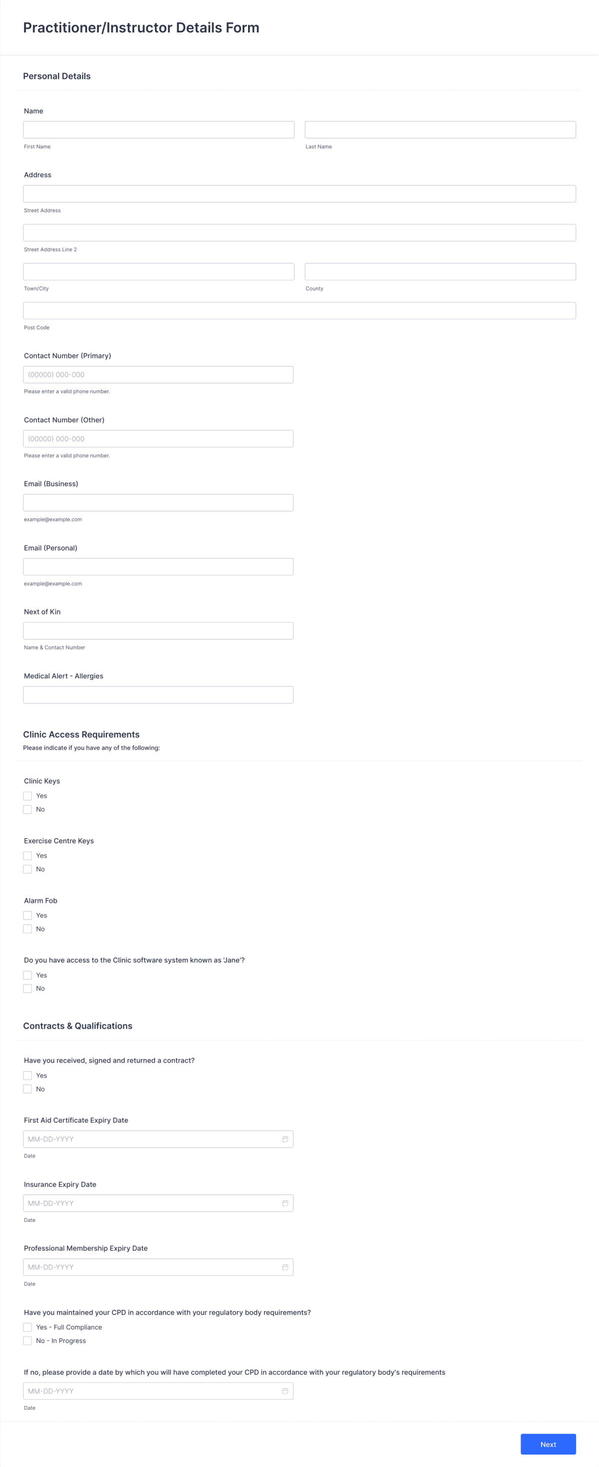 Practitioner/Instructor Details Form Template | Jotform