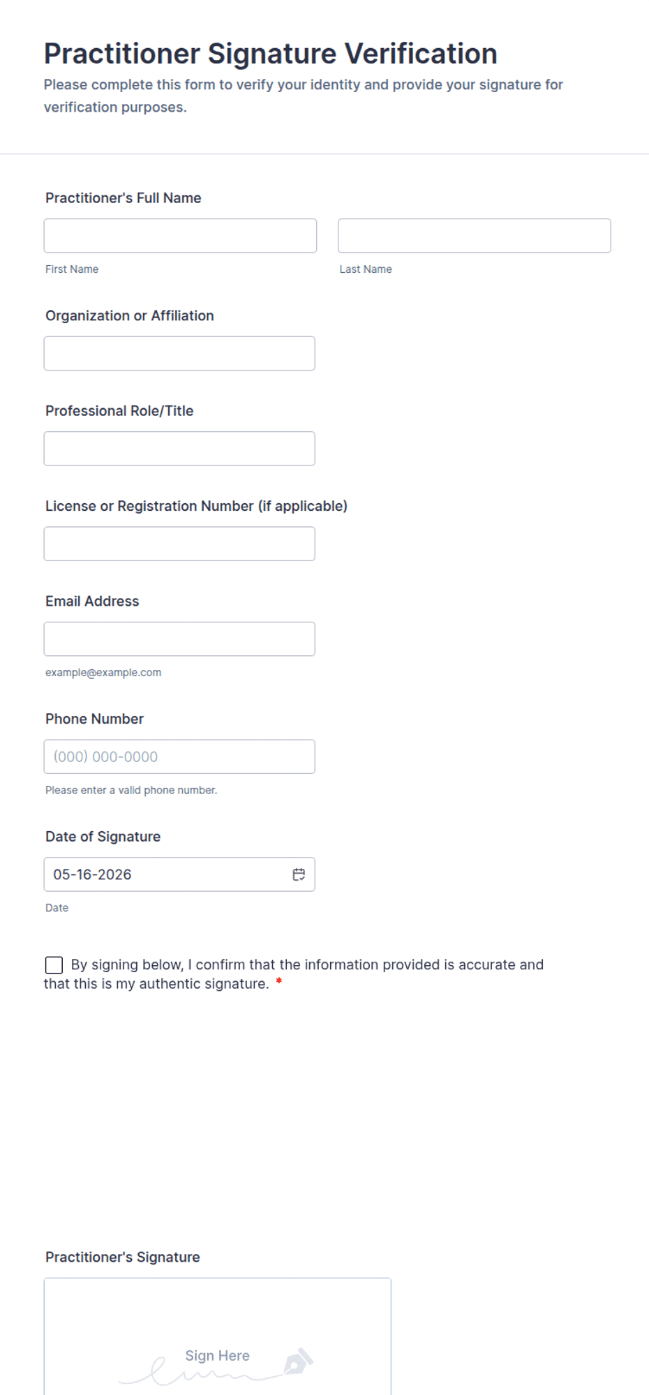 Practitioner Signature Verification Form Template | Jotform
