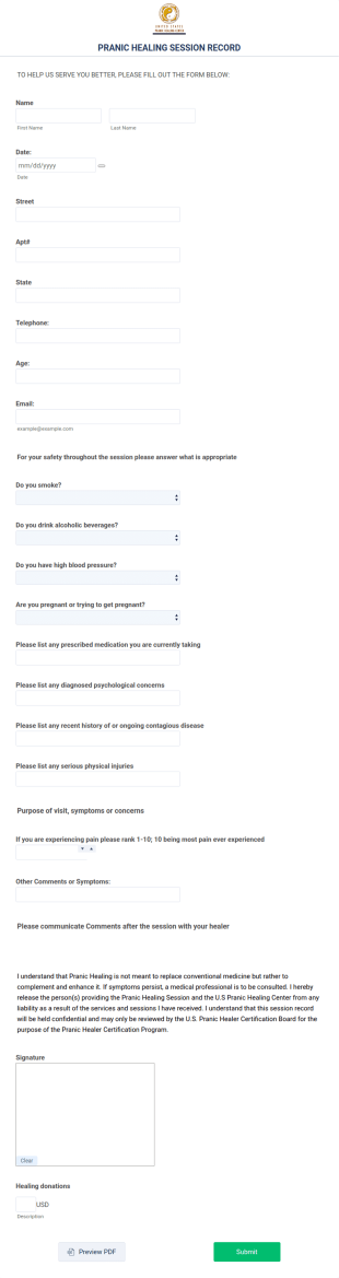 Pranic Healing Clinic Session Record Form Template