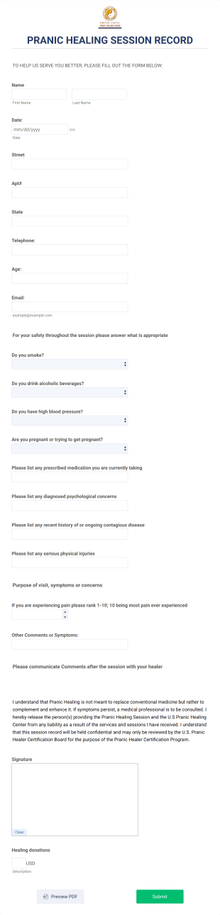 Pranic Healing Clinic Session Record Form Template