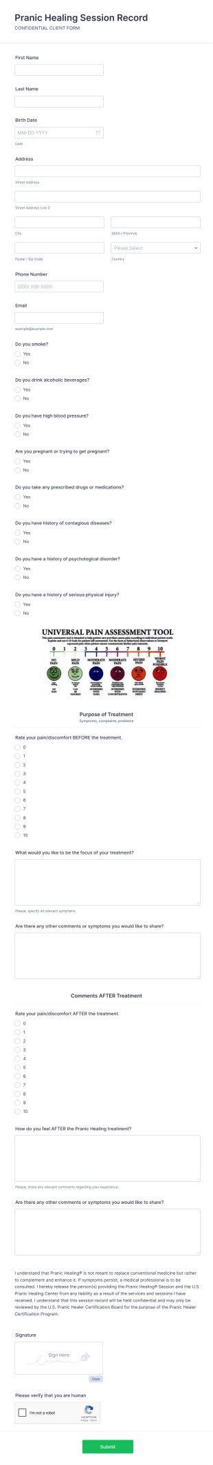 Pranic Healing Session Form Template