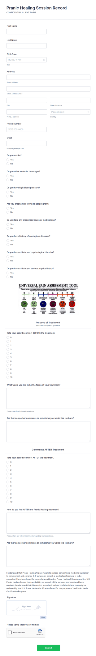 Pranic Healing Session Form Template