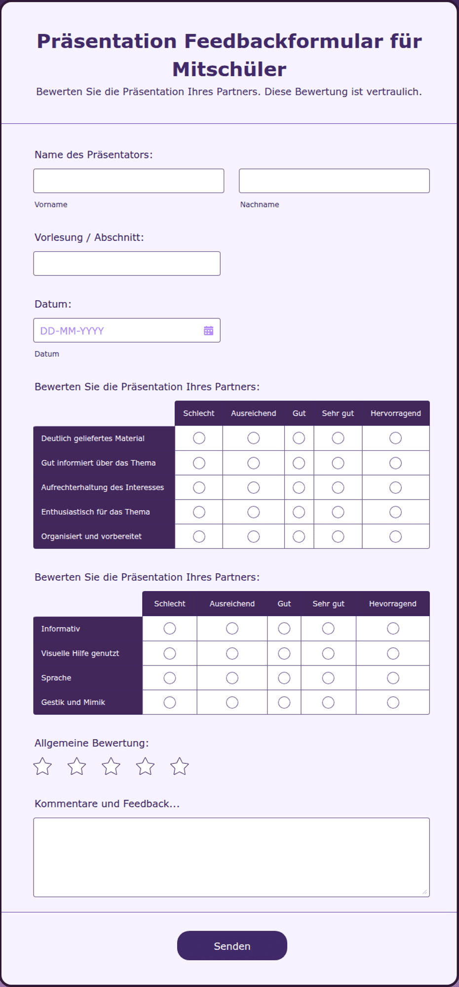 Präsentation Feedbackformular für Mitschüler Formularvorlage | Jotform