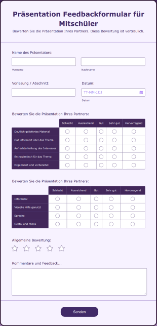 Präsentation Feedbackformular Für Mitschüler Form Template