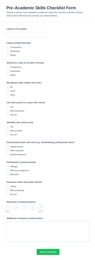 Pre Academic Skills Checklist Form Template