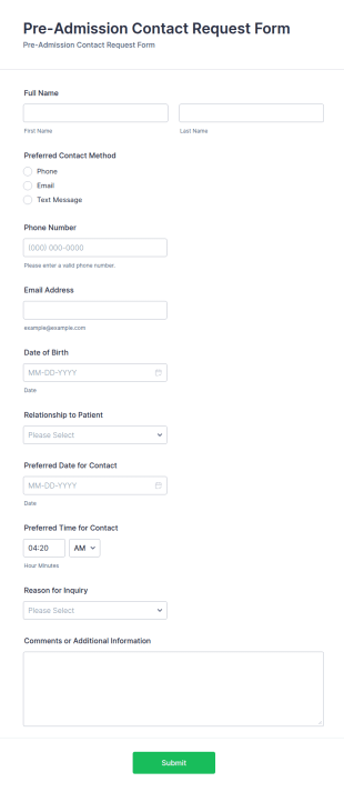Pre Admission Contact Request Form Template