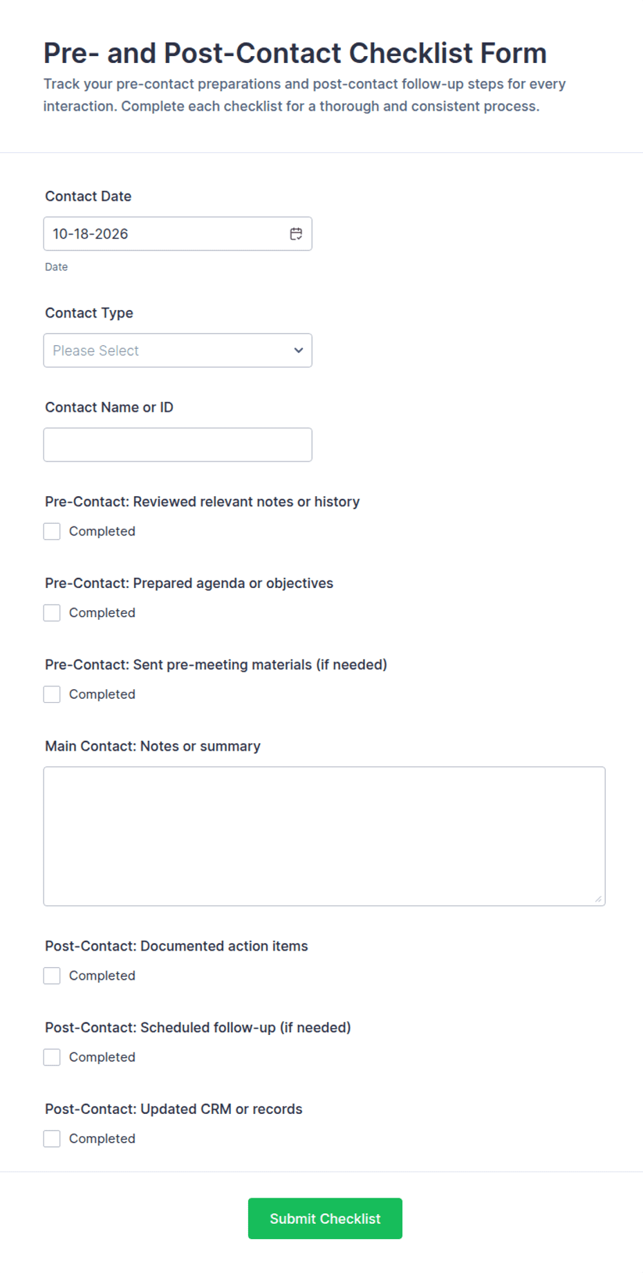 Pre- and Post-Contact Checklist Form Template | Jotform