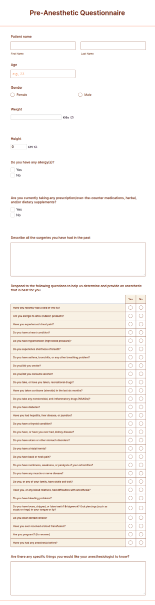 Pre Anesthetic Questionnaire Form Template