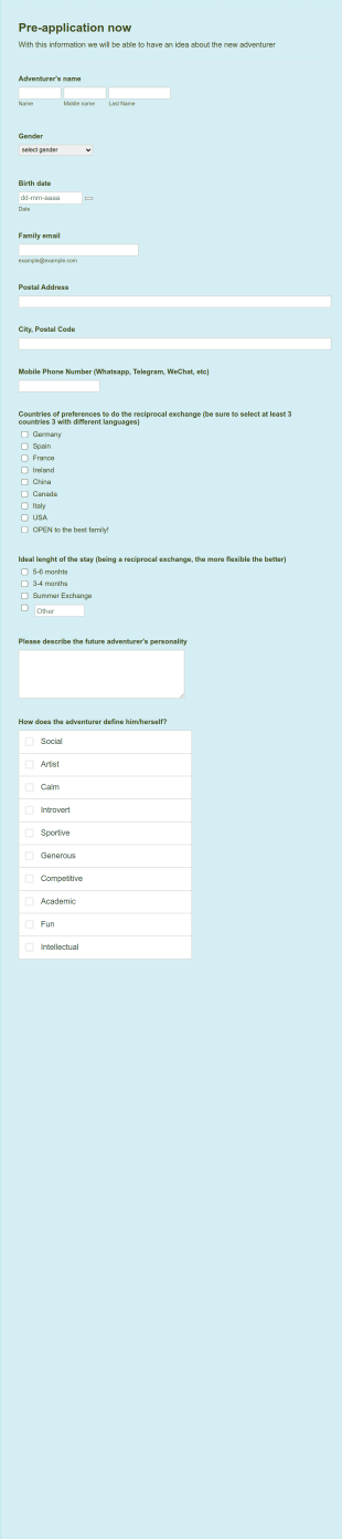 Adventure Application Form Template