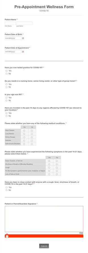 Pre Appointment Wellness Form Template
