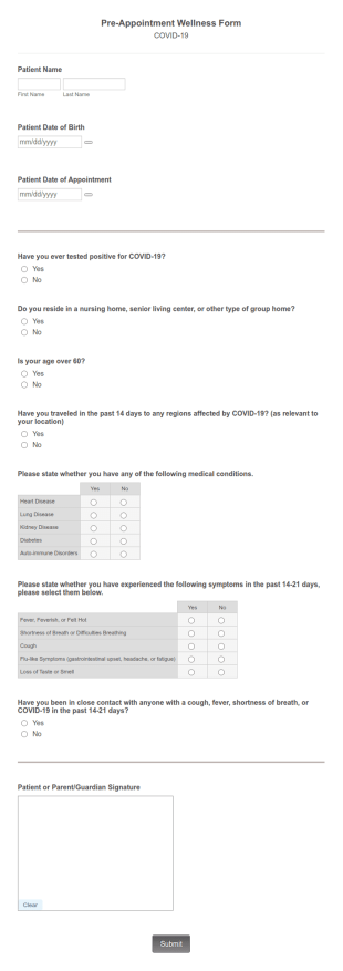 Pre Appointment Wellness Form Template