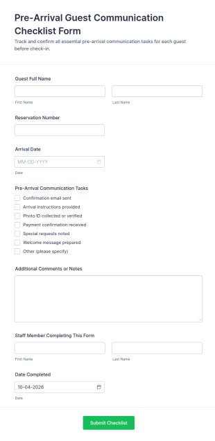 Pre Arrival Guest Communication Checklist Form Template