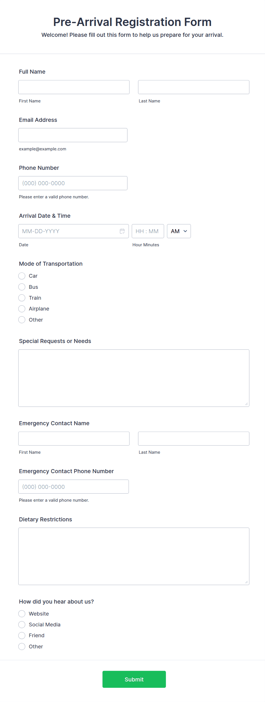 Pre-Arrival Registration Form Template | Jotform
