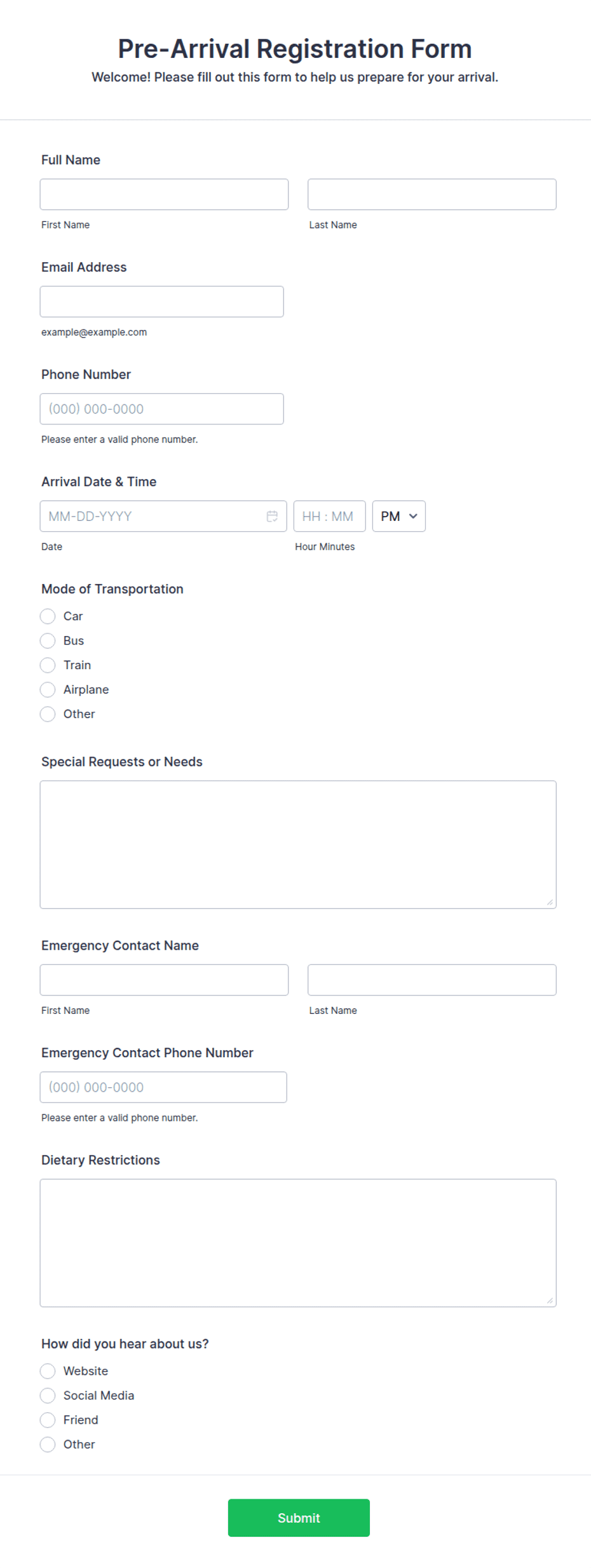 Pre-Arrival Registration Form Template | Jotform