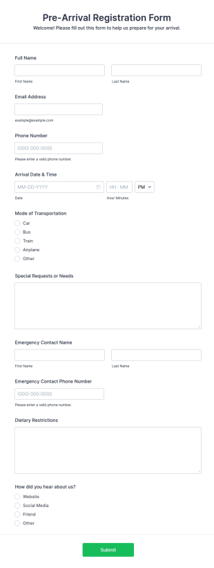 Pre Arrival Registration Form Template