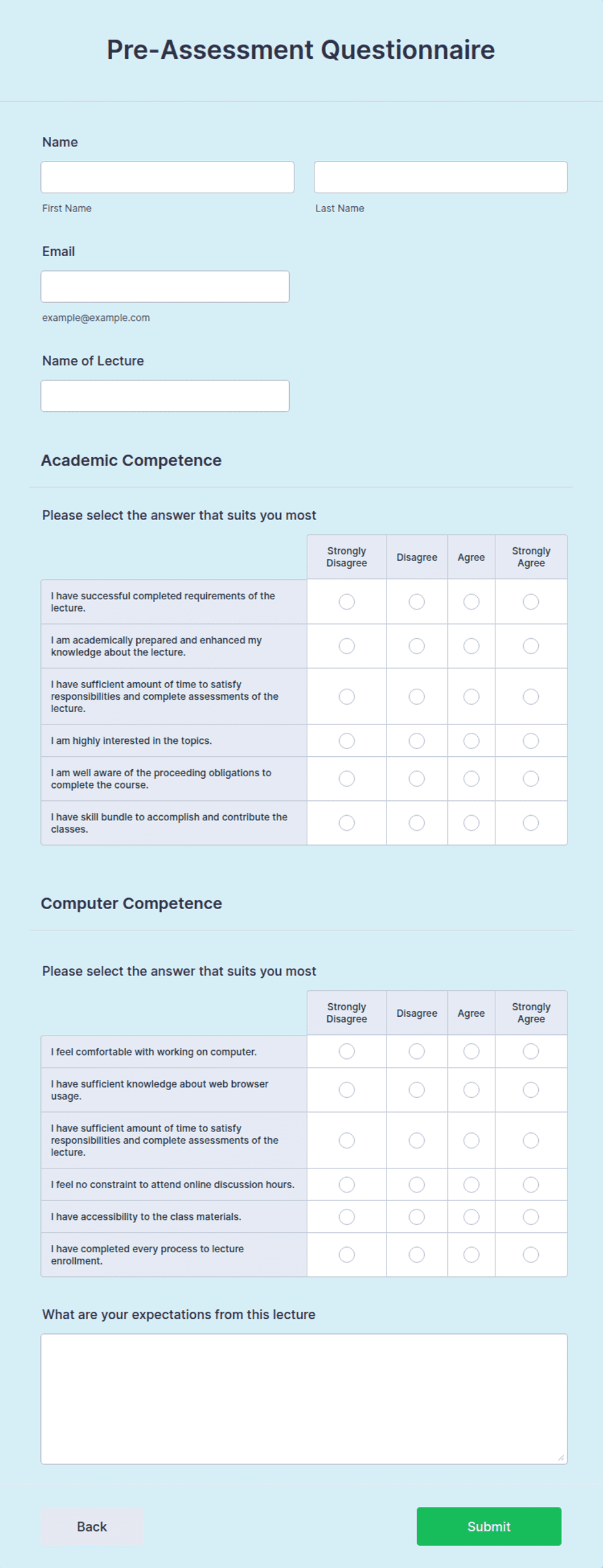 Pre-Assessment Questionnaire Form Template | Jotform