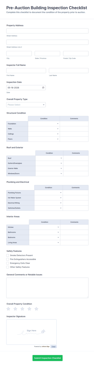 Pre Auction Building Inspection Checklist Form Template