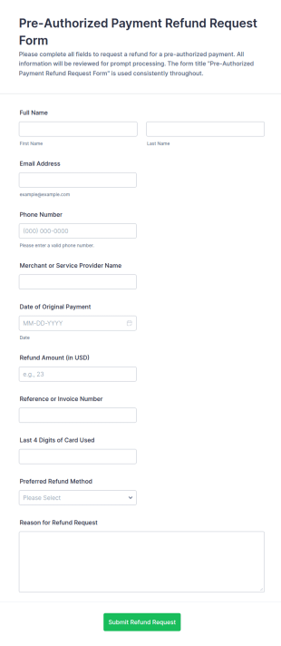 Pre Authorized Payment Refund Request Form Template