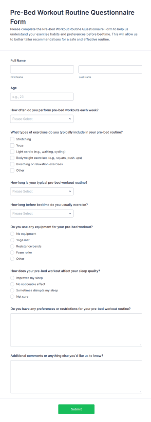 Pre Bed Workout Routine Questionnaire Form Template