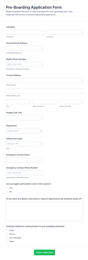 Pre Boarding Application Form Template