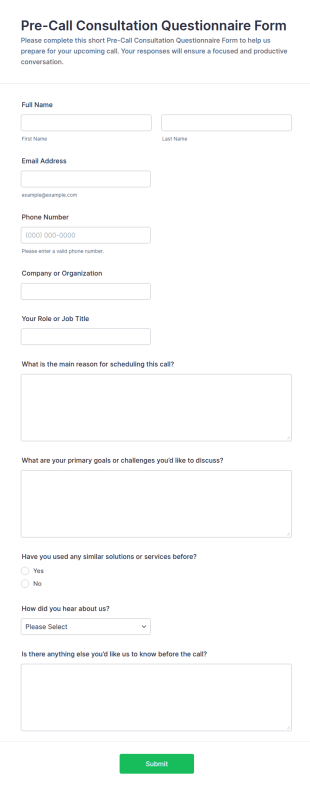 Pre Call Consultation Questionnaire Form Template